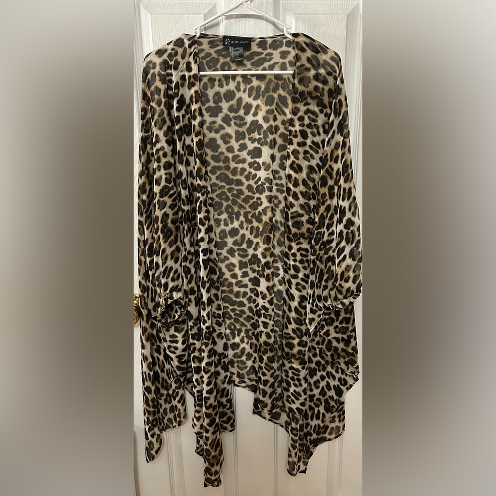 New York & Company Women’s Sheer Leopard Print Overlay Open Kimono